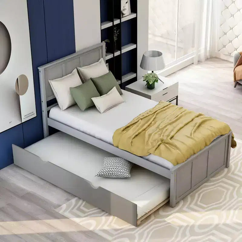 Lit plateforme double FAMYYT avec lit gigogne peu encombrant, montage facile, gris