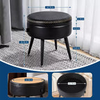 Ottoman de rangement et tabouret de coiffeuse – Siège rond en cuir synthétique avec surpiqûres, pieds en acier supportant 150 kg, repose-pieds et banc de chambre, noir