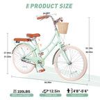 Vélo Cruiser Fille NAYSAYE avec Panier Avant et Cadre en Acier Robuste pour un Trajet Urbain Confortable, Vert, 58.39*24.53*36.93