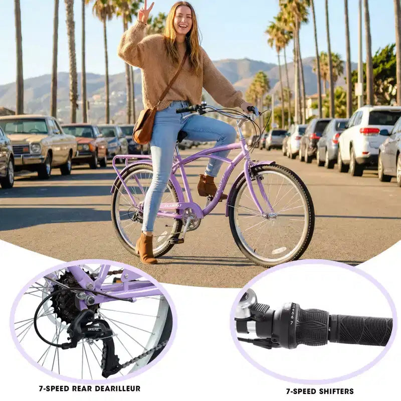 NAYSAYE Vélo de plage Cruiser 7 vitesses, cadre en acier, roues en alliage, freins en V pour hommes femmes loisirs, violet, blanc, 67.8*42.51*28.74