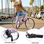 NAYSAYE Vélo de plage Cruiser 7 vitesses, cadre en acier, roues en alliage, freins en V pour hommes femmes loisirs, violet, blanc, 67.8*42.51*28.74