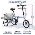 NAYSAYE Tricycle pliant pour adultes avec panier, cadre en acier pliable, grande capacité de charge pour le shopping et les voyages en extérieur, bleu, 53,54*23,23*39,49