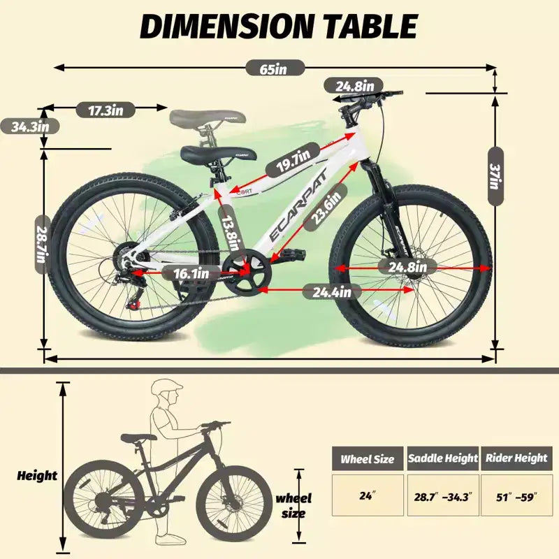 VTT NAYSAYE 24 pouces pour jeunes avec 7 vitesses, suspension avant, freins à disque pour garçons et filles, cyclisme en extérieur, blanc, 51,5*8*26,37