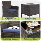 Ensemble de 3 meubles de patio extérieur, chaises en rotin PE avec coussins moelleux et table basse en verre trempé, ensemble de patio toutes saisons