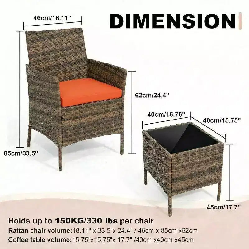 Ensemble de 3 meubles de patio extérieur, chaises en rotin PE avec coussins moelleux et table basse en verre trempé, ensemble de patio toutes saisons