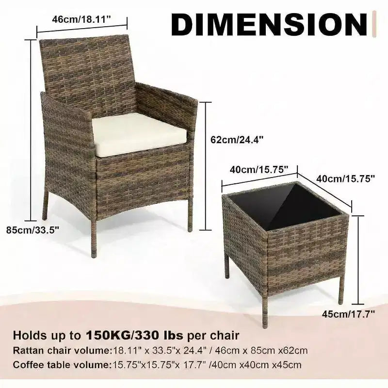 Ensemble de 3 meubles de patio extérieur, chaises en rotin PE avec coussins moelleux et table basse en verre trempé, ensemble de patio toutes saisons