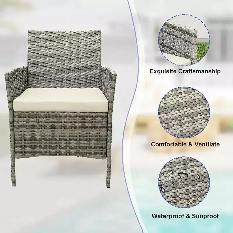 Ensemble de 3 meubles de patio extérieur, chaises en rotin PE avec coussins moelleux et table basse en verre trempé, ensemble de patio toutes saisons