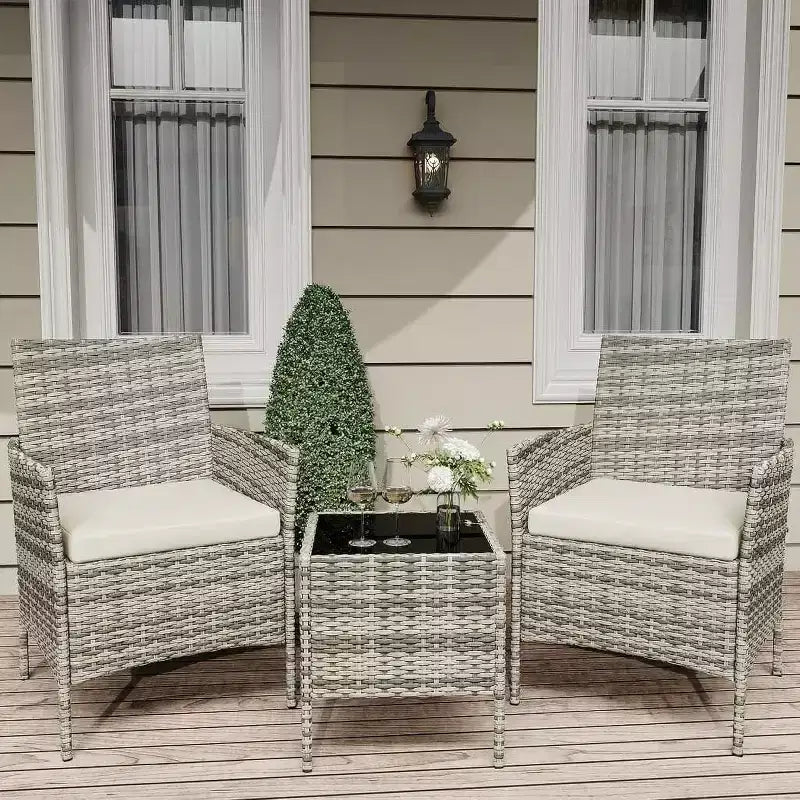 Ensemble de 3 meubles de patio extérieur, chaises en rotin PE avec coussins moelleux et table basse en verre trempé, ensemble de patio toutes saisons