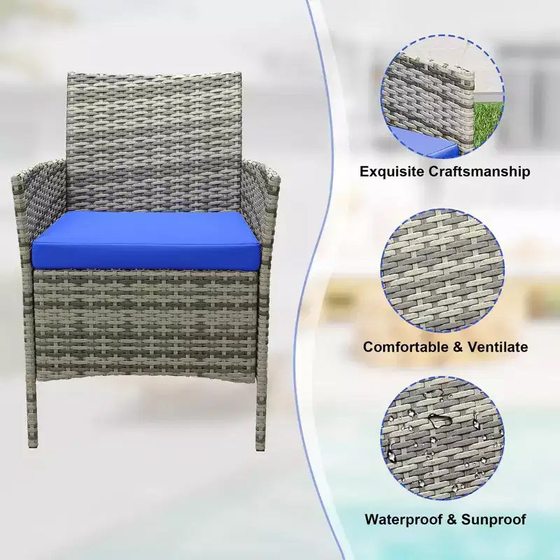 Ensemble de 3 meubles de patio extérieur, chaises en rotin PE avec coussins moelleux et table basse en verre trempé, ensemble de patio toutes saisons