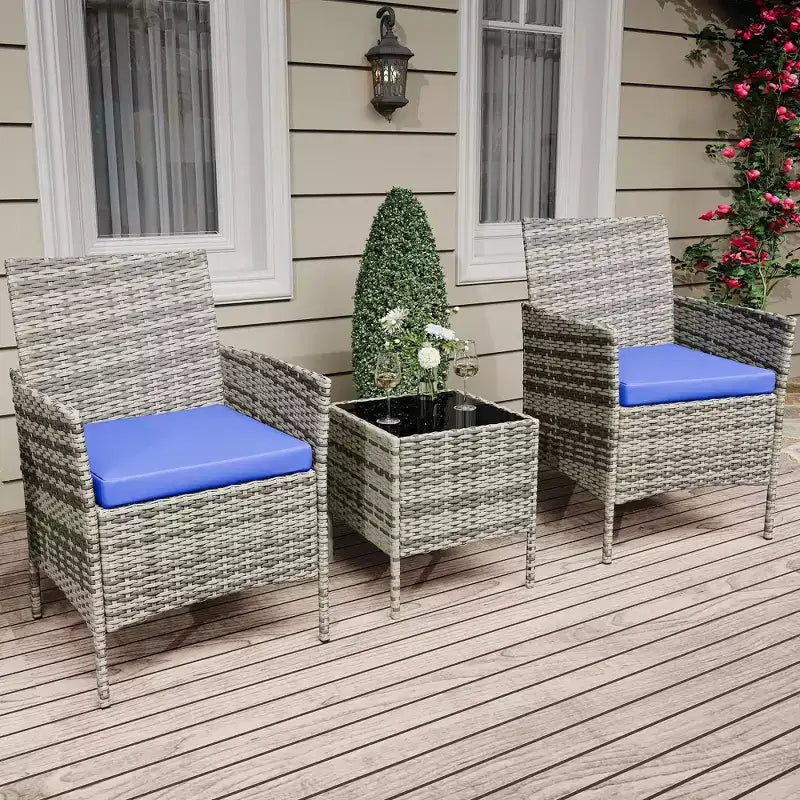 Ensemble de 3 meubles de patio extérieur, chaises en rotin PE avec coussins moelleux et table basse en verre trempé, ensemble de patio toutes saisons