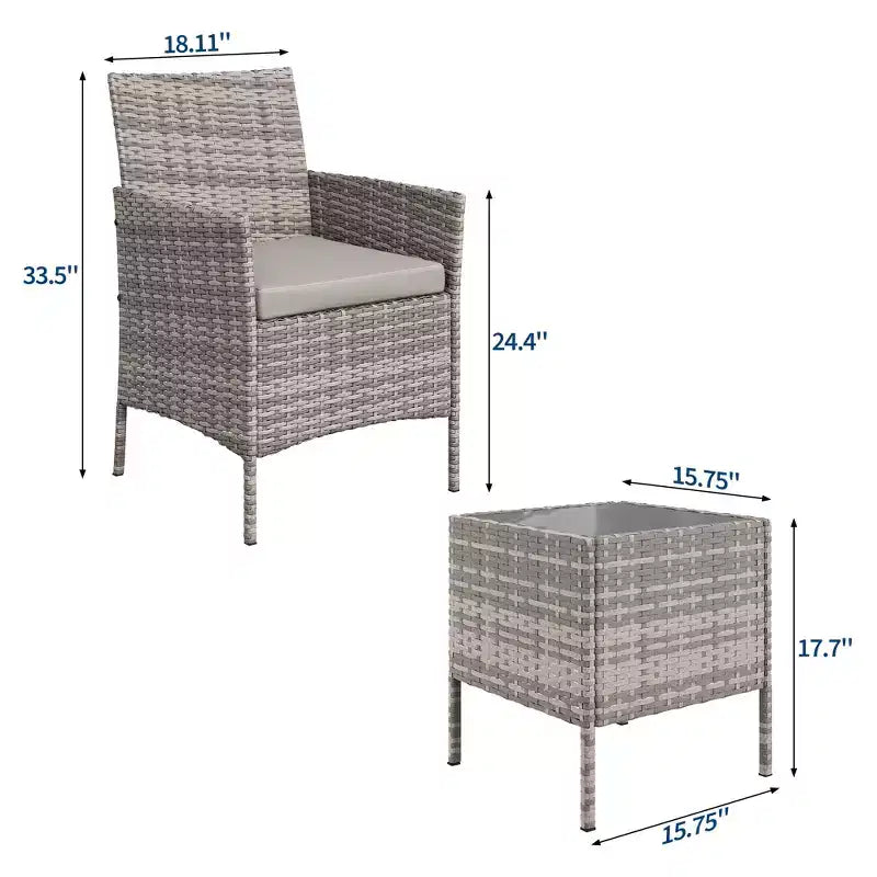 Ensemble de 3 meubles de patio extérieur, chaises en rotin PE avec coussins moelleux et table basse en verre trempé, ensemble de patio toutes saisons