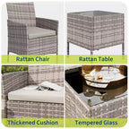 Ensemble de 3 meubles de patio extérieur, chaises en rotin PE avec coussins moelleux et table basse en verre trempé, ensemble de patio toutes saisons