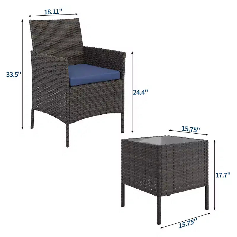 Ensemble de 3 meubles de patio extérieur, chaises en rotin PE avec coussins moelleux et table basse en verre trempé, ensemble de patio toutes saisons