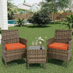 Ensemble de 3 meubles de patio extérieur, chaises en rotin PE avec coussins moelleux et table basse en verre trempé, ensemble de patio toutes saisons