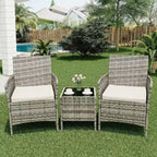 Ensemble de 3 meubles de patio extérieur, chaises en rotin PE avec coussins moelleux et table basse en verre trempé, ensemble de patio toutes saisons