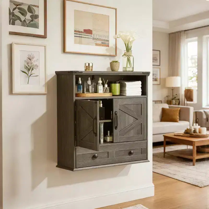 Meuble de salle de bain mural de 24 po, style ferme, avec portes coulissantes - Armoire à pharmacie avec étagère réglable pour salle de bain et buanderie