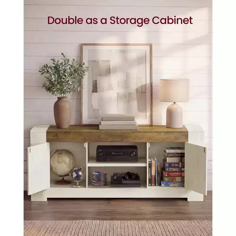 Meuble TV VASAGLE, Meuble TV de style Campagne avec Meubles de Rangement, Console Multimédia pour TV 65 Pouces, Blanc Rustique et Brun Miel