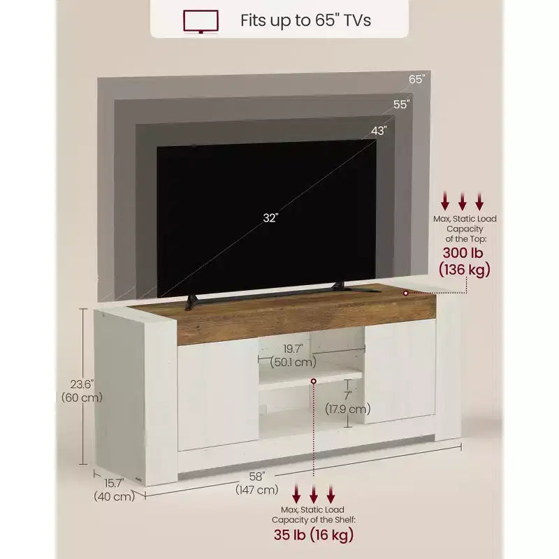 Meuble TV VASAGLE, Meuble TV de style Campagne avec Meubles de Rangement, Console Multimédia pour TV 65 Pouces, Blanc Rustique et Brun Miel