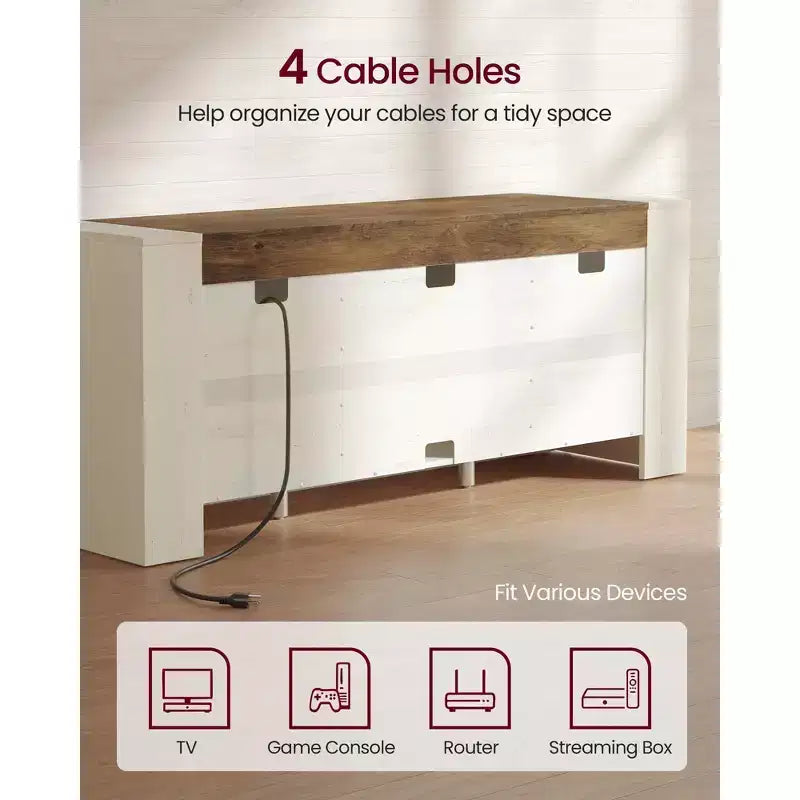 Meuble TV VASAGLE, Meuble TV de style Campagne avec Meubles de Rangement, Console Multimédia pour TV 65 Pouces, Blanc Rustique et Brun Miel