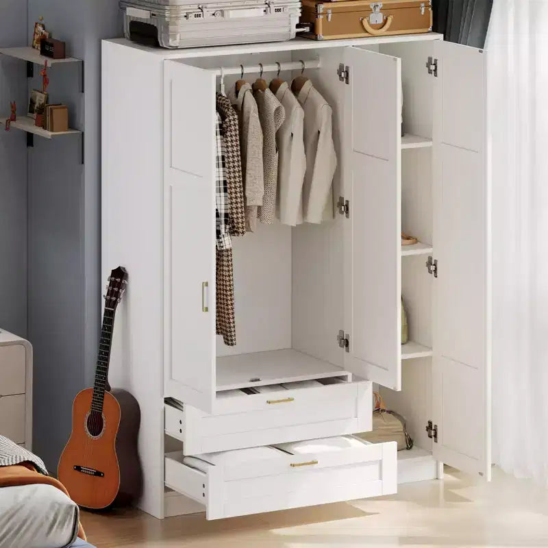 Armoire penderie en bois à 3 portes avec 2 tiroirs, armoire penderie moderne avec portes et étagères, placard de rangement pour vêtements.