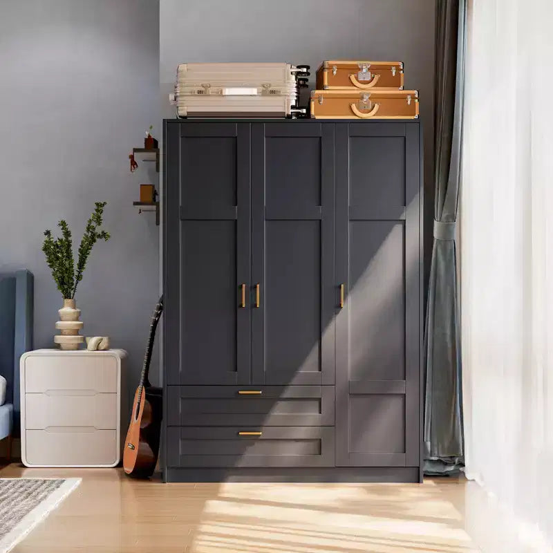 Armoire penderie en bois à 3 portes avec 2 tiroirs, armoire penderie moderne avec portes et étagères, placard de rangement pour vêtements.