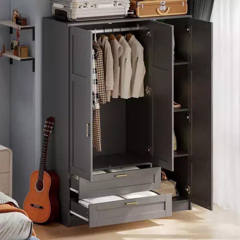 Armoire penderie en bois à 3 portes avec 2 tiroirs, armoire penderie moderne avec portes et étagères, placard de rangement pour vêtements.