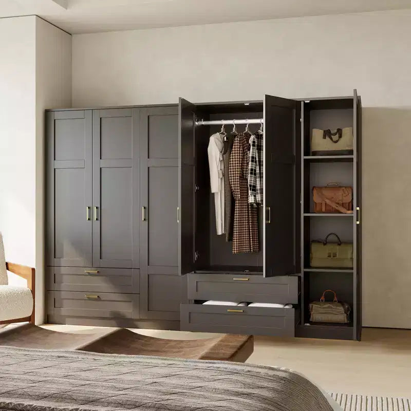 Armoire penderie en bois à 3 portes avec 2 tiroirs, armoire penderie moderne avec portes et étagères, placard de rangement pour vêtements.