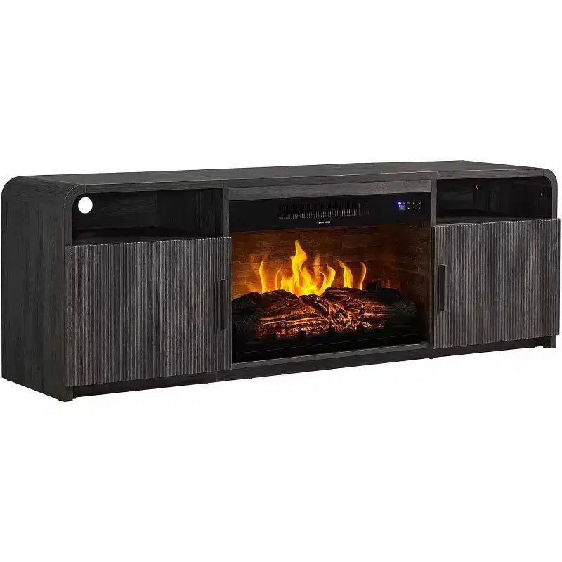 Meuble TV cheminée cannelé AMERLIFE 178 cm pour téléviseurs jusqu'à 203 cm avec rangement cheminée électrique 76 cm, noir