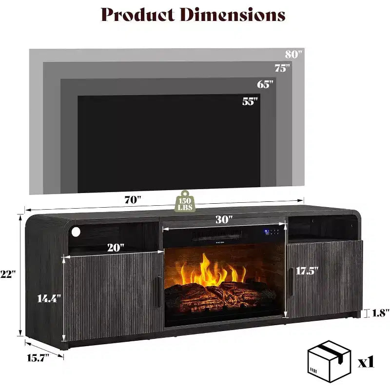 Meuble TV cheminée cannelé AMERLIFE 178 cm pour téléviseurs jusqu'à 203 cm avec rangement cheminée électrique 76 cm, noir