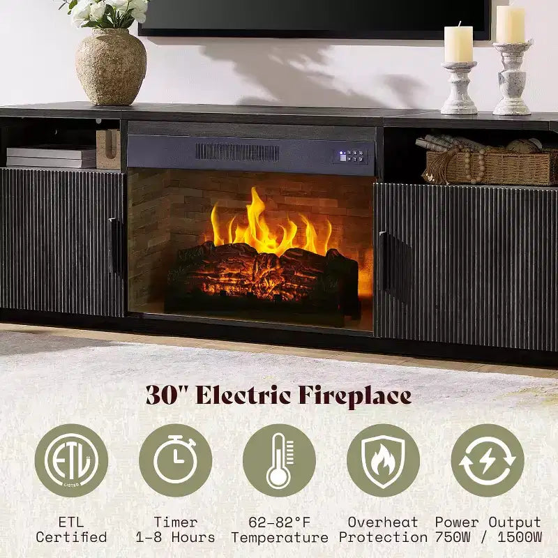 Meuble TV cheminée cannelé AMERLIFE 178 cm pour téléviseurs jusqu'à 203 cm avec rangement cheminée électrique 76 cm, noir