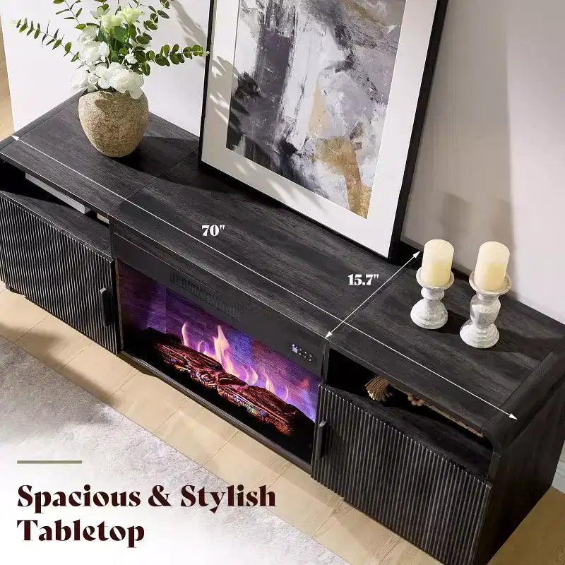 Meuble TV cheminée cannelé AMERLIFE 178 cm pour téléviseurs jusqu'à 203 cm avec rangement cheminée électrique 76 cm, noir
