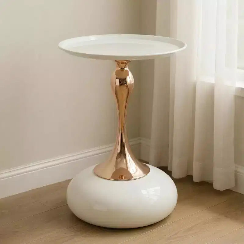 White Small Round Metal Side Table, Gold Finish Cocktail Coffee Table Compact Accent Table for Small Living Space
