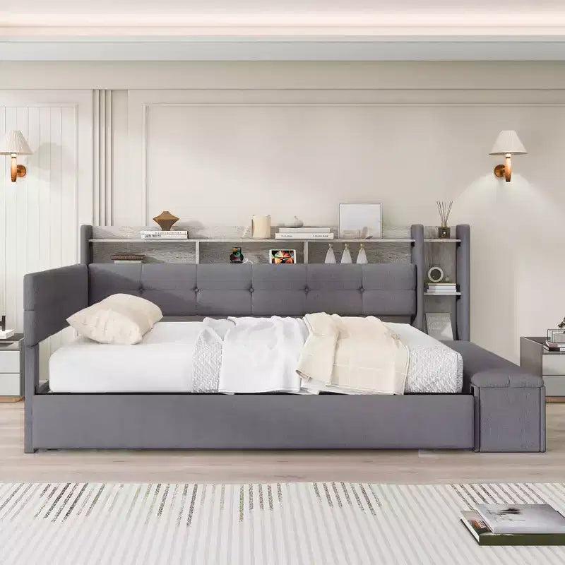 Lit de repos rembourré Hill GDFStudio avec pouf de rangement, étagères et lit gigogne