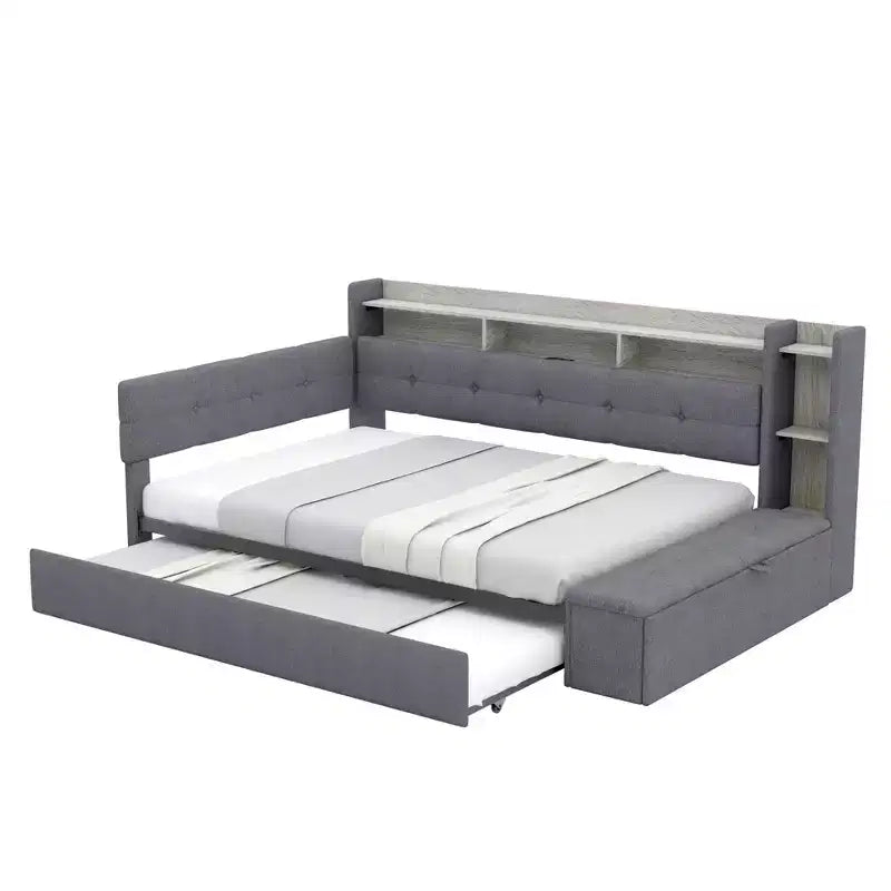 Lit de repos rembourré Hill GDFStudio avec pouf de rangement, étagères et lit gigogne