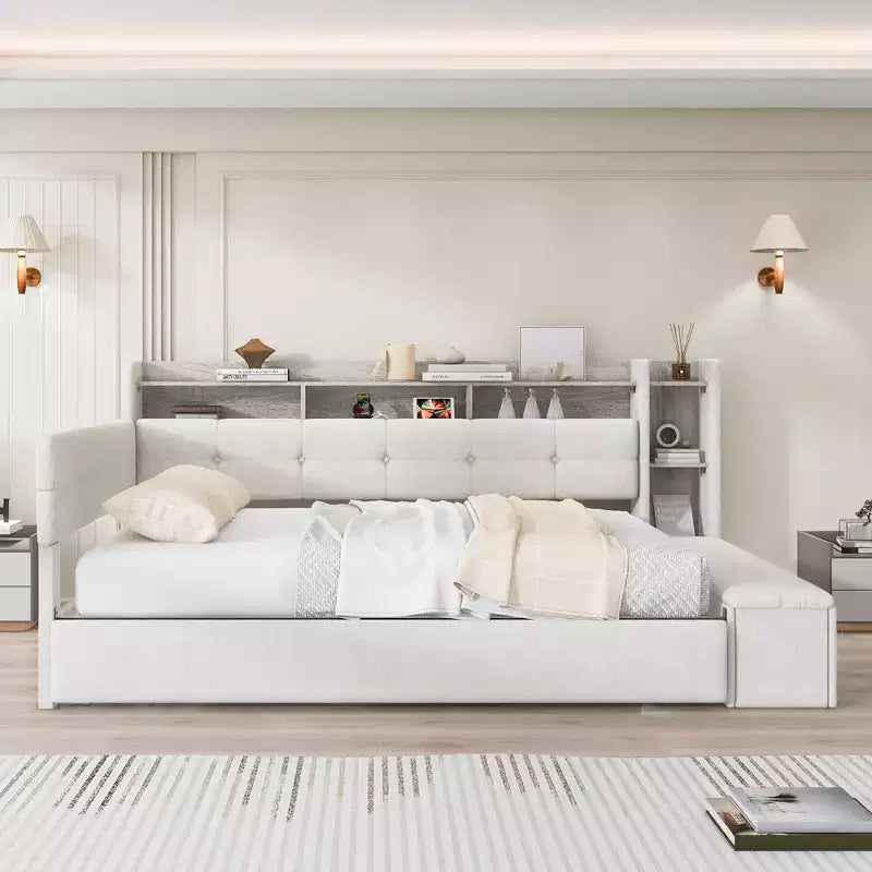 Lit de repos rembourré Hill GDFStudio avec pouf de rangement, étagères et lit gigogne