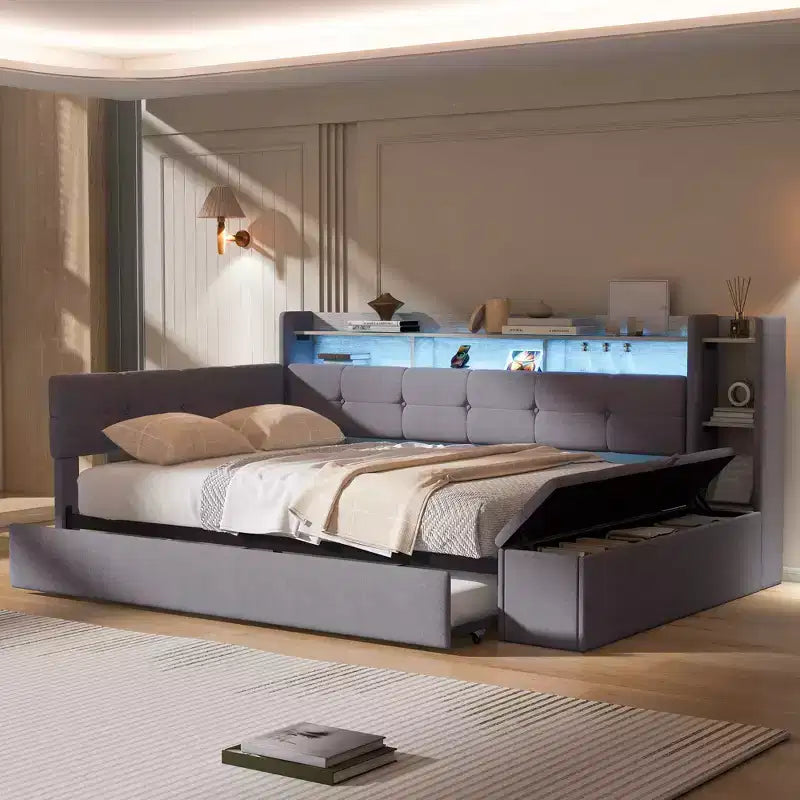 Lit de repos rembourré Hill GDFStudio avec pouf de rangement, étagères et lit gigogne