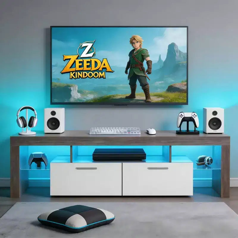 Meuble TV LED moderne JVNOXK avec grand tiroir de rangement pour téléviseurs de 40, 50, 55, 60, 65, 70, 75 pouces, avec centre de divertissement brillant pour salon, chambre, bois