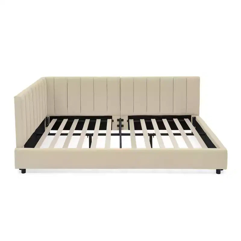 Cadre de lit de repos rembourré pleine grandeur avec dossier et accoudoirs, lit d'angle moderne en forme de L pour chambre à coucher et salon
