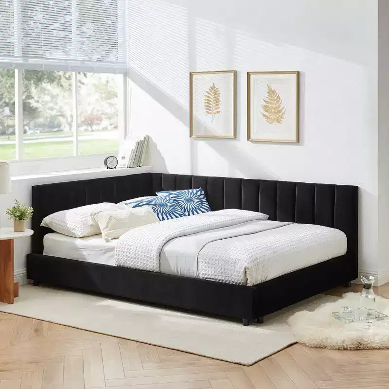 Cadre de lit de repos rembourré pleine grandeur avec dossier et accoudoirs, lit d'angle moderne en forme de L pour chambre à coucher et salon