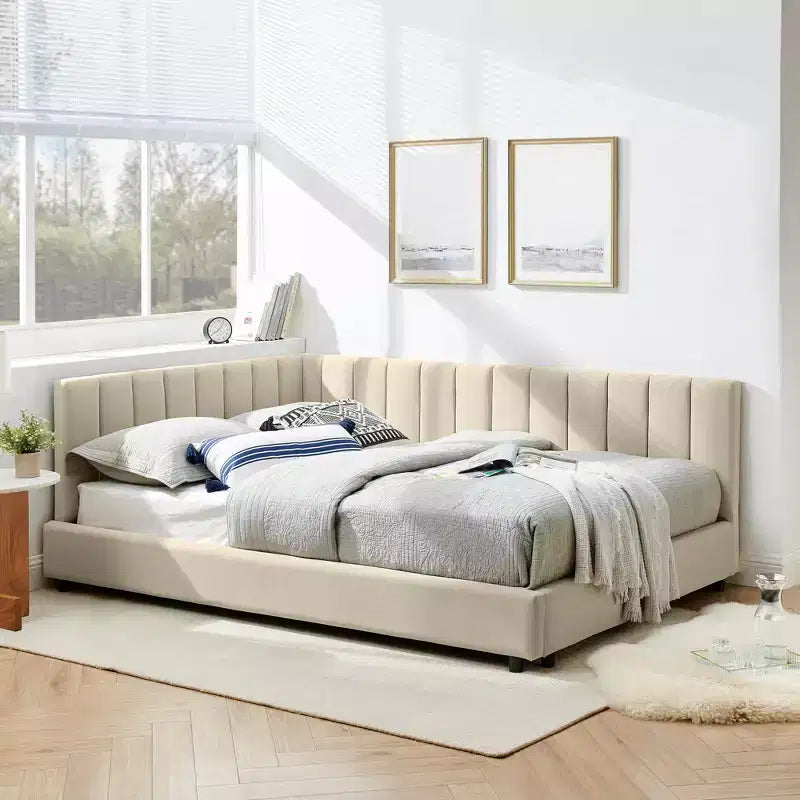 Cadre de lit de repos rembourré pleine grandeur avec dossier et accoudoirs, lit d'angle moderne en forme de L pour chambre à coucher et salon