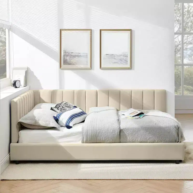 Cadre de lit de repos rembourré pleine grandeur avec dossier et accoudoirs, lit d'angle moderne en forme de L pour chambre à coucher et salon