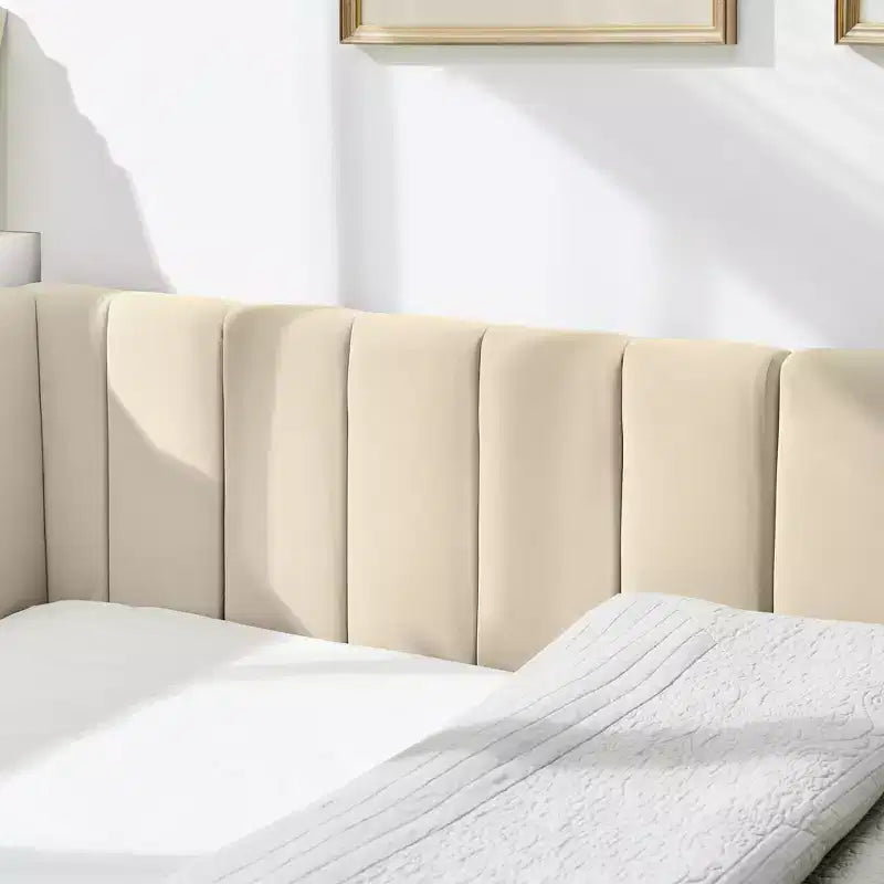 Cadre de lit de repos rembourré pleine grandeur avec dossier et accoudoirs, lit d'angle moderne en forme de L pour chambre à coucher et salon