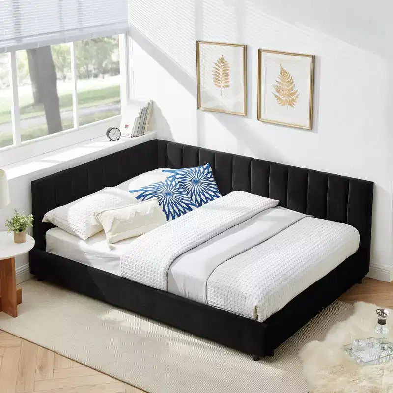 Cadre de lit de repos rembourré pleine grandeur avec dossier et accoudoirs, lit d'angle moderne en forme de L pour chambre à coucher et salon