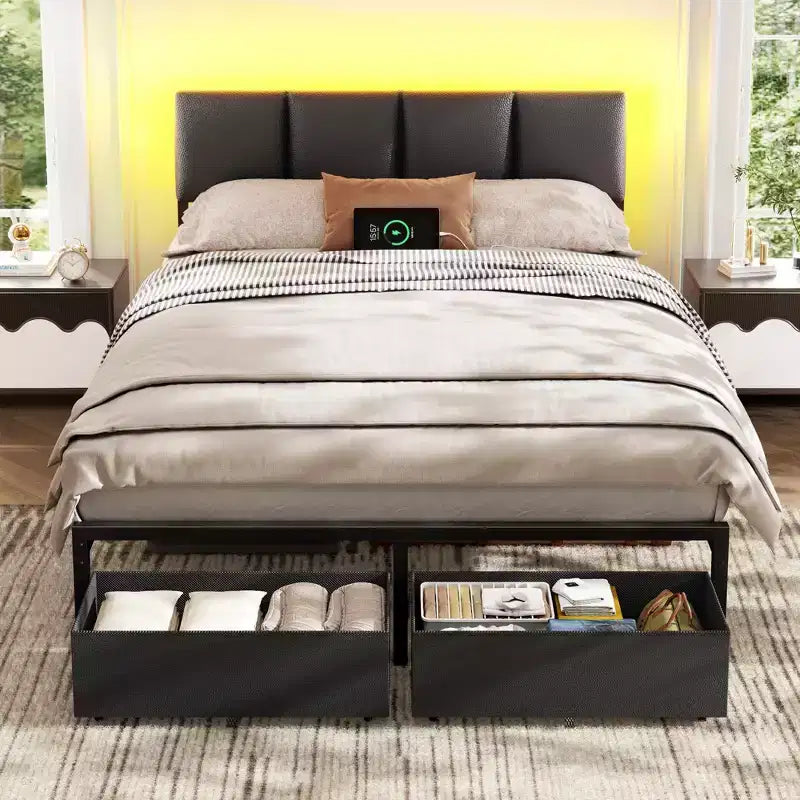 Qwatto Full Size Upholstered Platform Bed Frame LED Lights Charging Station USB Port 2 Storage Drawers No Box Spring Needed Faux Leather Metal Black