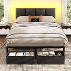 Qwatto Full Size Upholstered Platform Bed Frame LED Lights Charging Station USB Port 2 Storage Drawers No Box Spring Needed Faux Leather Metal Black