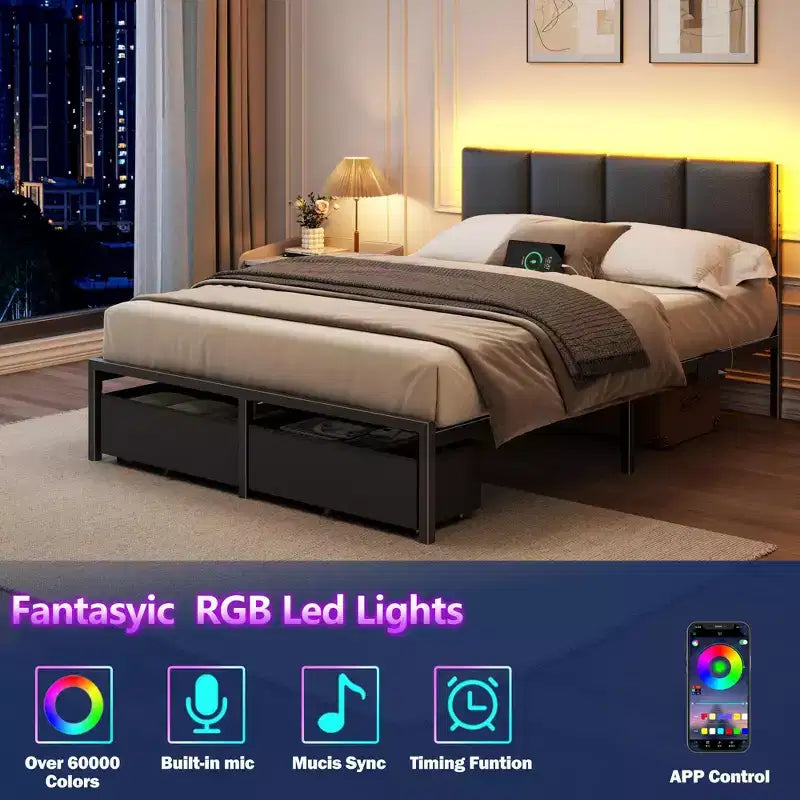 Cadre de lit plateforme rembourré Qwatto pleine grandeur, lumières LED, station de recharge, port USB, 2 tiroirs de rangement, pas besoin de sommier, similicuir, métal noir
