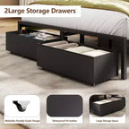 Cadre de lit plateforme rembourré Qwatto pleine grandeur, lumières LED, station de recharge, port USB, 2 tiroirs de rangement, pas besoin de sommier, similicuir, métal noir