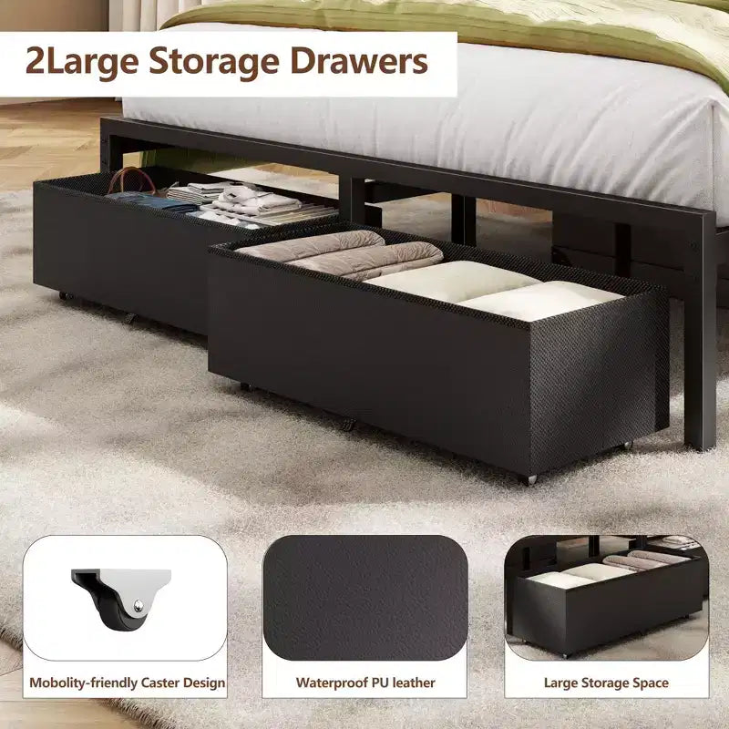 Cadre de lit plateforme rembourré Qwatto pleine grandeur, lumières LED, station de recharge, port USB, 2 tiroirs de rangement, pas besoin de sommier, similicuir, métal noir