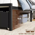 Cadre de lit plateforme rembourré Qwatto pleine grandeur, lumières LED, station de recharge, port USB, 2 tiroirs de rangement, pas besoin de sommier, similicuir, métal noir