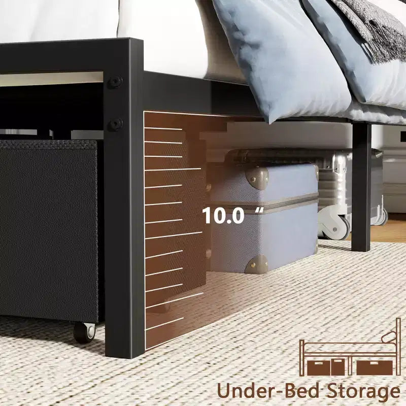 Cadre de lit plateforme rembourré Qwatto pleine grandeur, lumières LED, station de recharge, port USB, 2 tiroirs de rangement, pas besoin de sommier, similicuir, métal noir